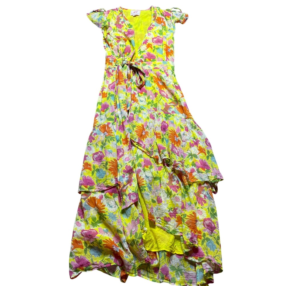 Banjanan Floral Print Maxi Dress Yellow Orange Pink Tiered Womens Small